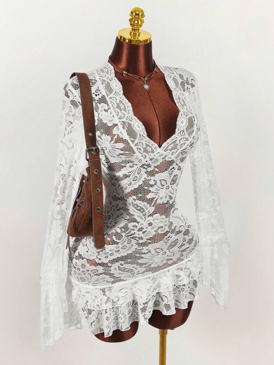 Sheer Low-Cut Hippie Style Mini Dress