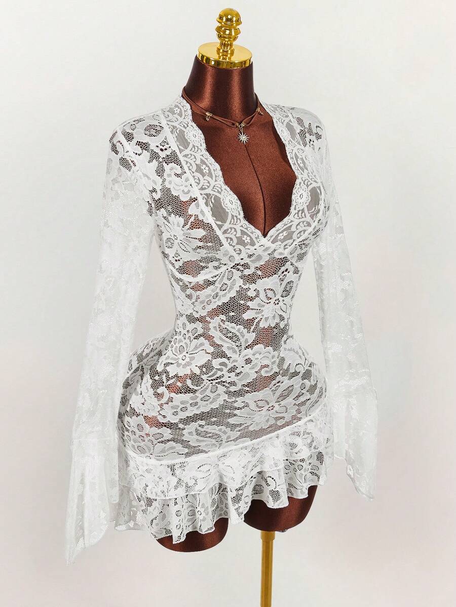 Sheer Low-Cut Hippie Style Mini Dress