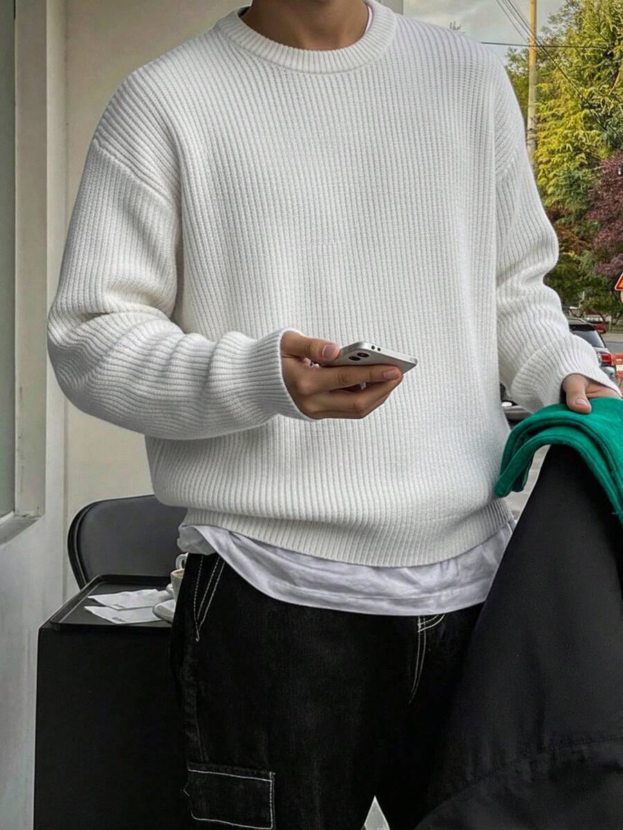 Men's Knit Drop Shoulder Crew Neck Pullover Sweater