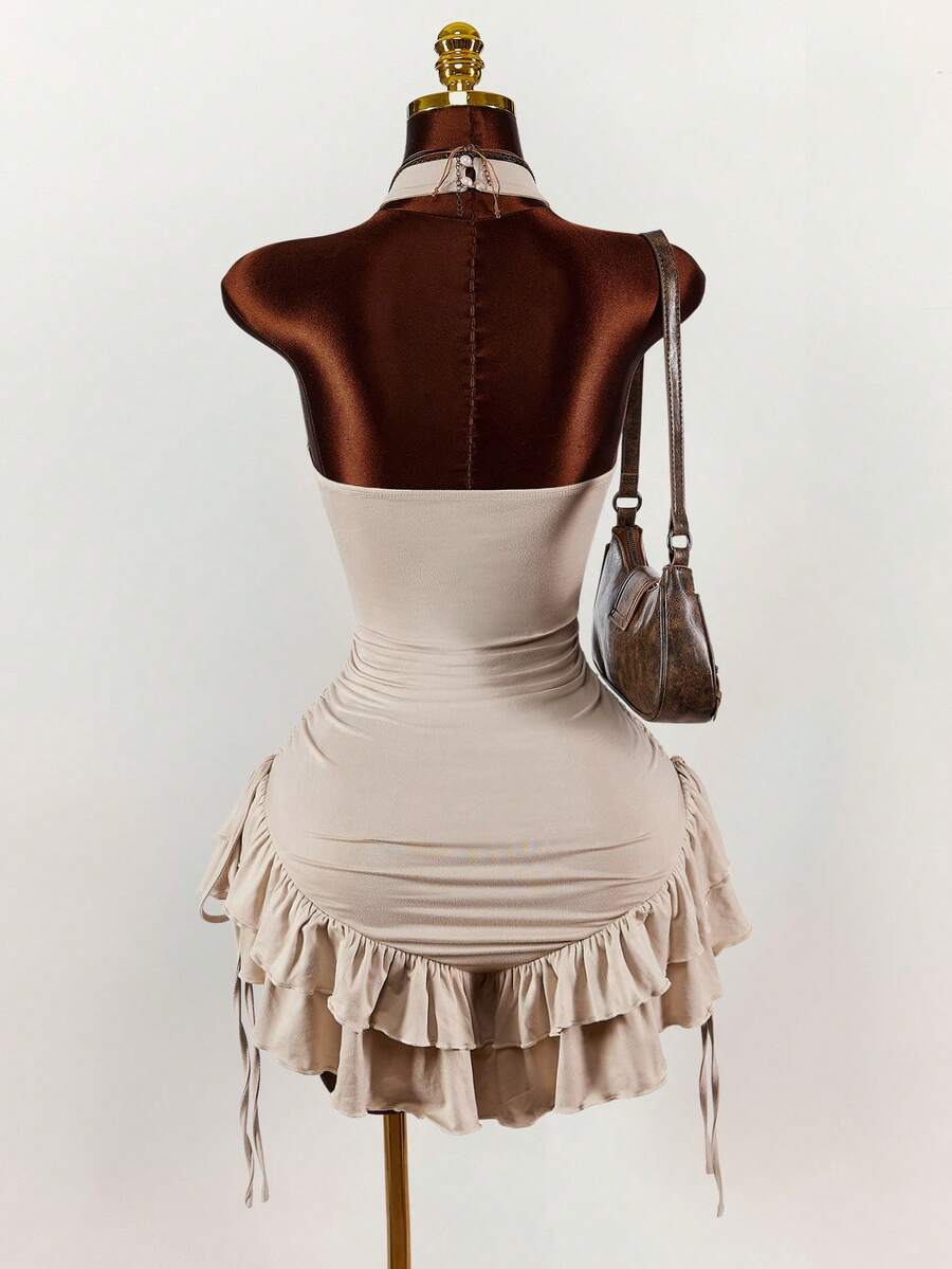 Ruffled High Neck Asymmetrical Mini Dress