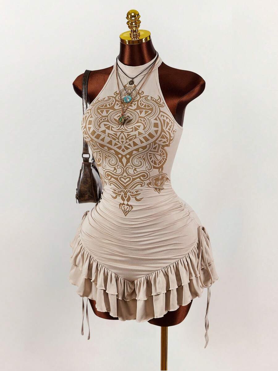 Ruffled High Neck Asymmetrical Mini Dress