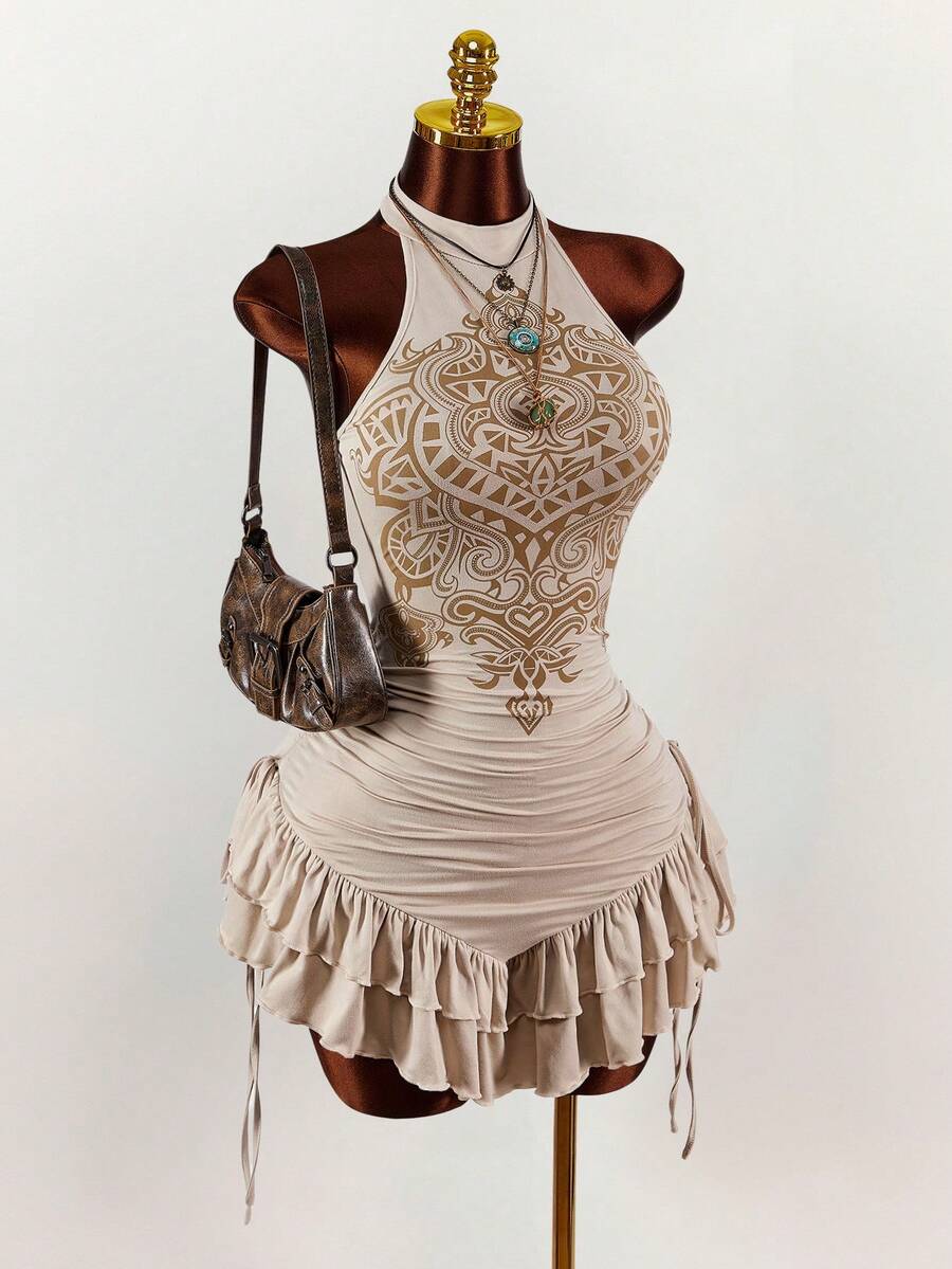 Ruffled High Neck Asymmetrical Mini Dress