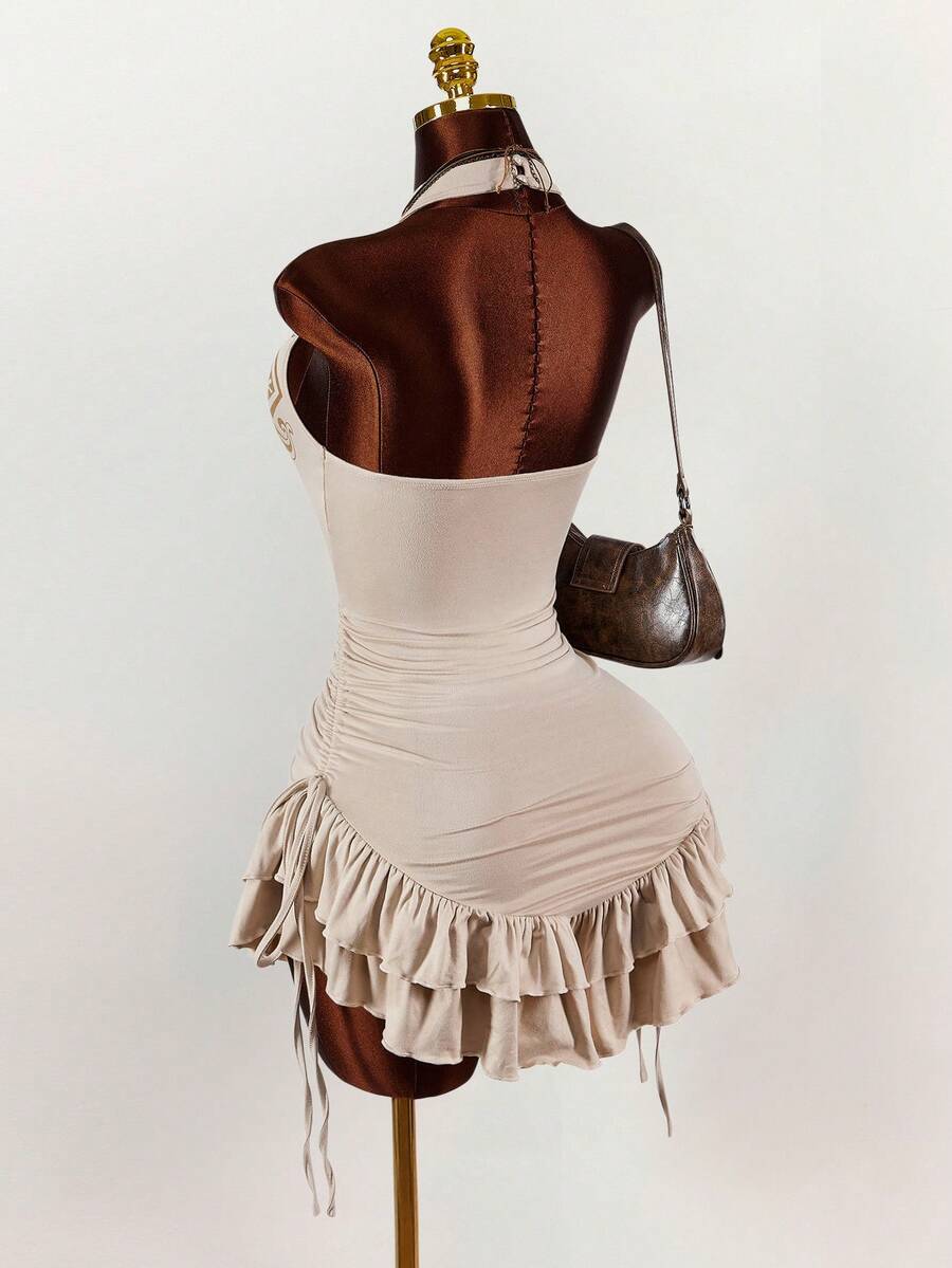 Ruffled High Neck Asymmetrical Mini Dress