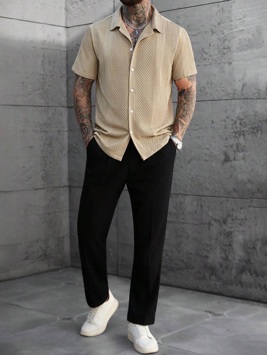 Men's Solid Color Jacquard Knit Short Sleeve Shirt