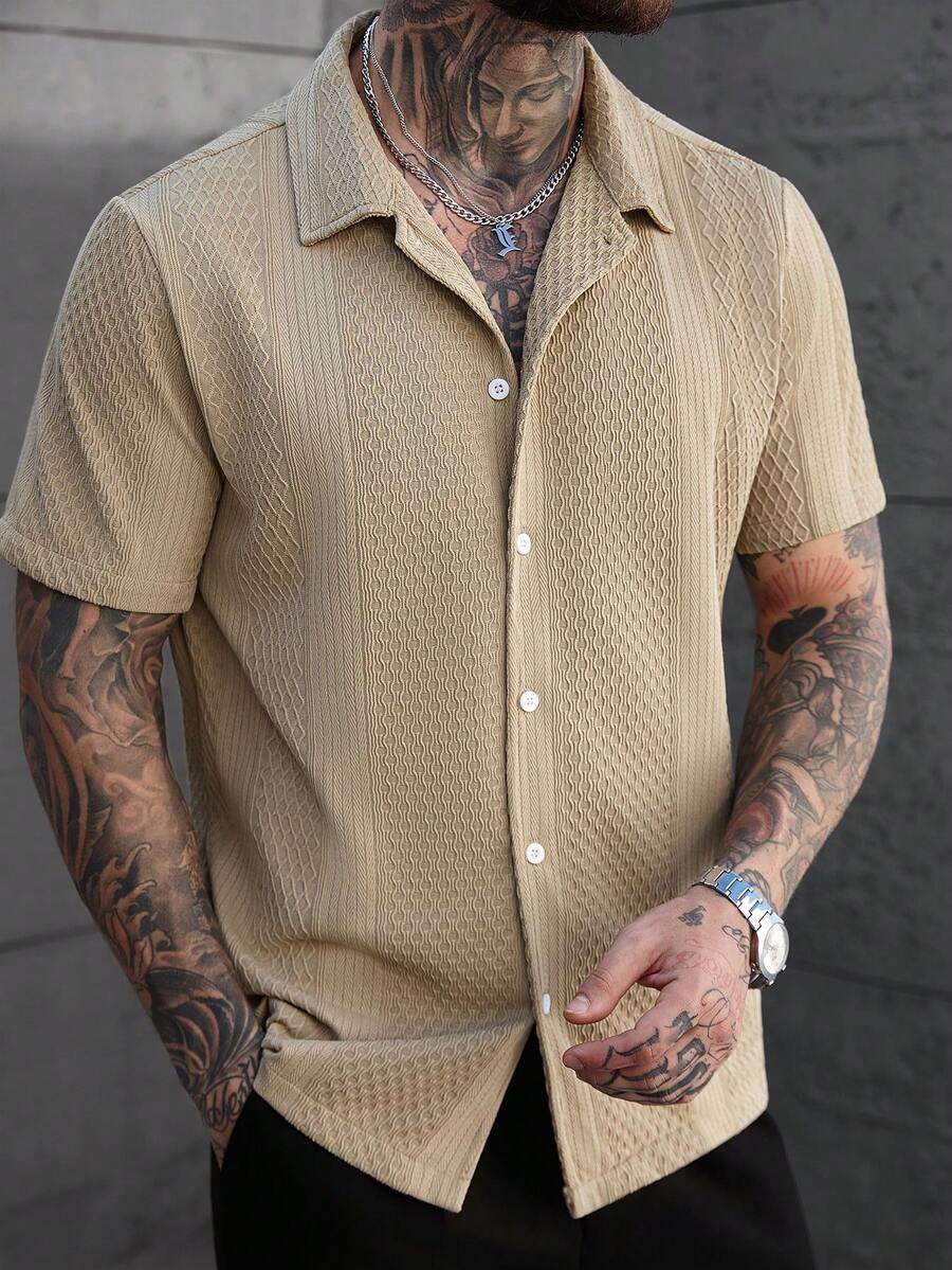 Men's Solid Color Jacquard Knit Short Sleeve Shirt