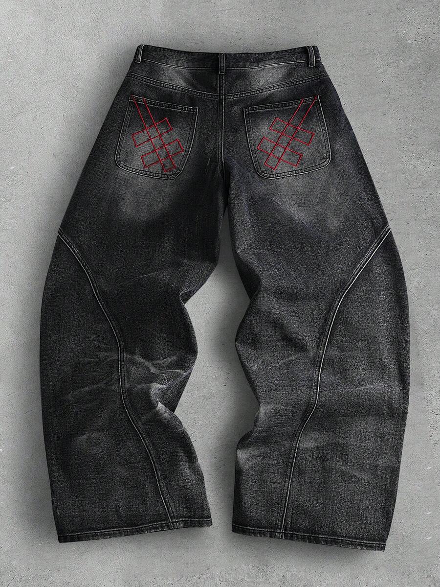 Men's Embroidered Pattern Punk Relaxed Fit Jeans
