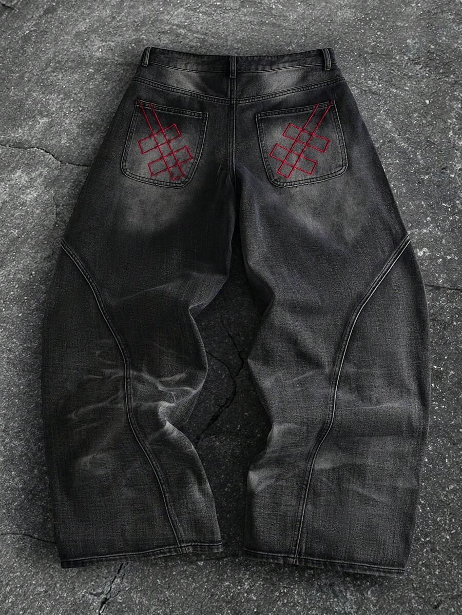 Men's Embroidered Pattern Punk Relaxed Fit Jeans