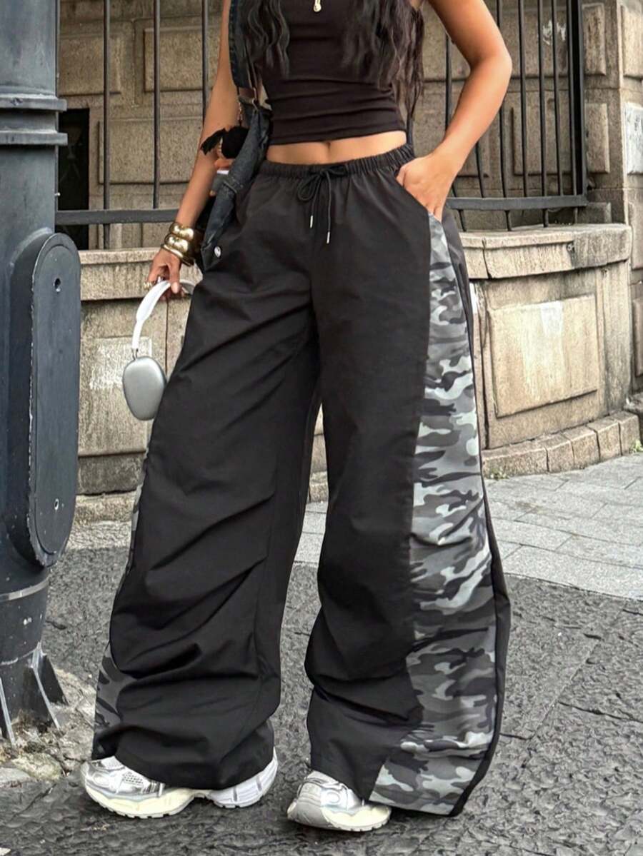 Women's Streetwear Color-Blocked Parachute Pants
