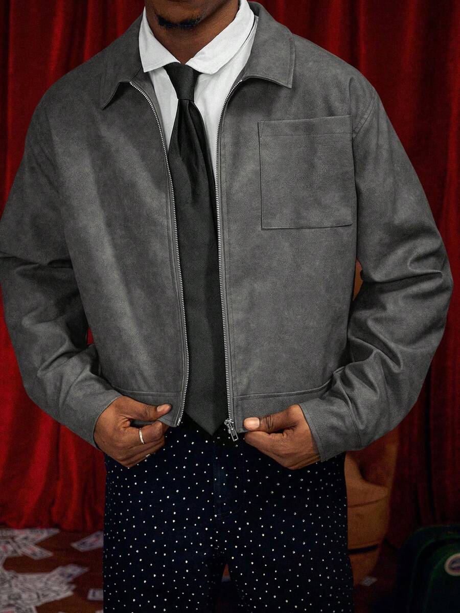 Men's PU Leather Zip-Up Jacket