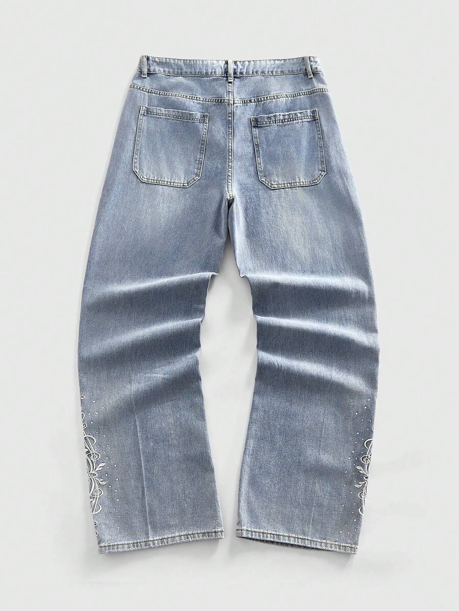 Men's Floral Embroidered Wide-Leg Casual Jeans