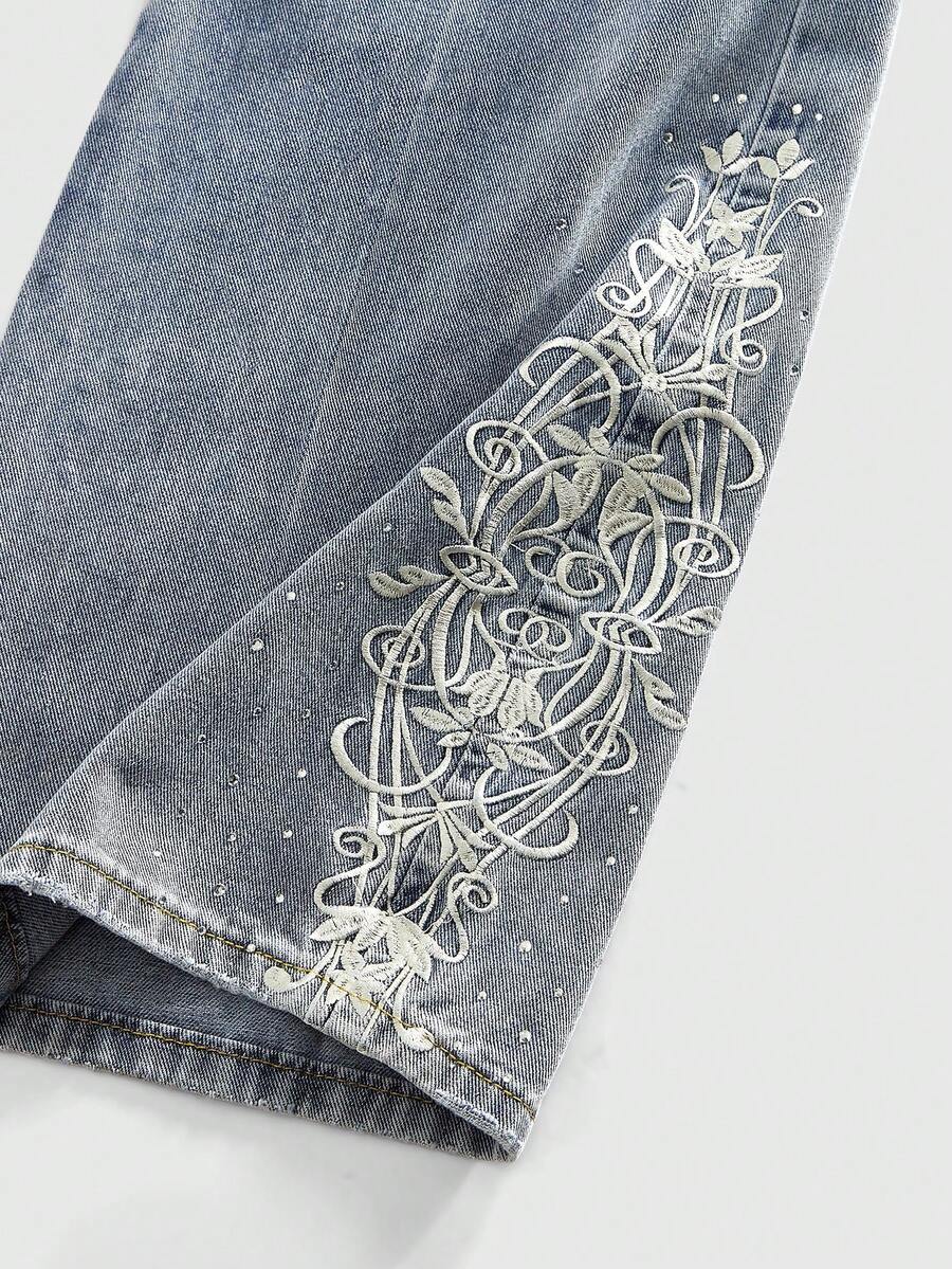 Men's Floral Embroidered Wide-Leg Casual Jeans