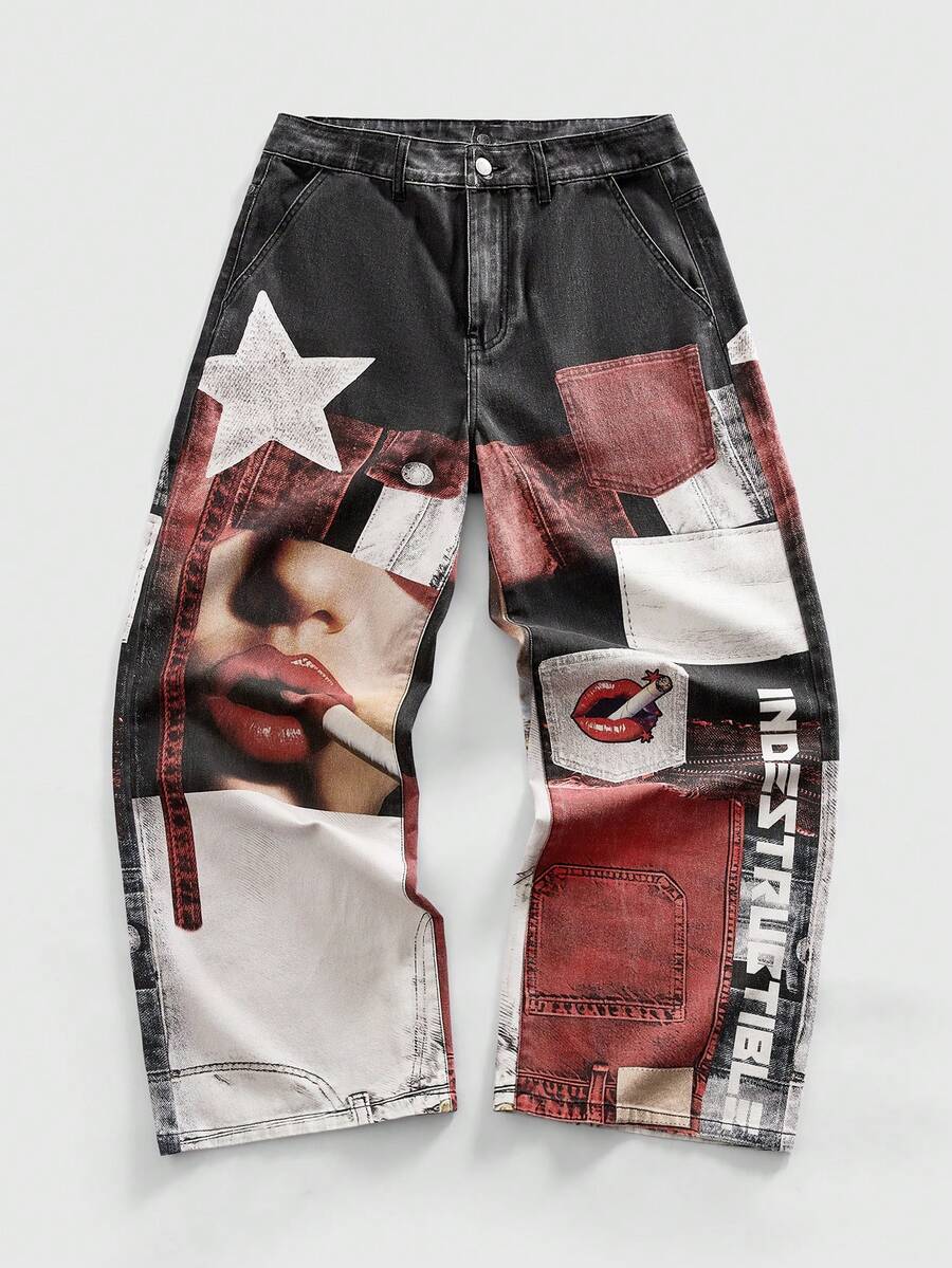 Men's Straight Digital Lip Print Casual Jeans