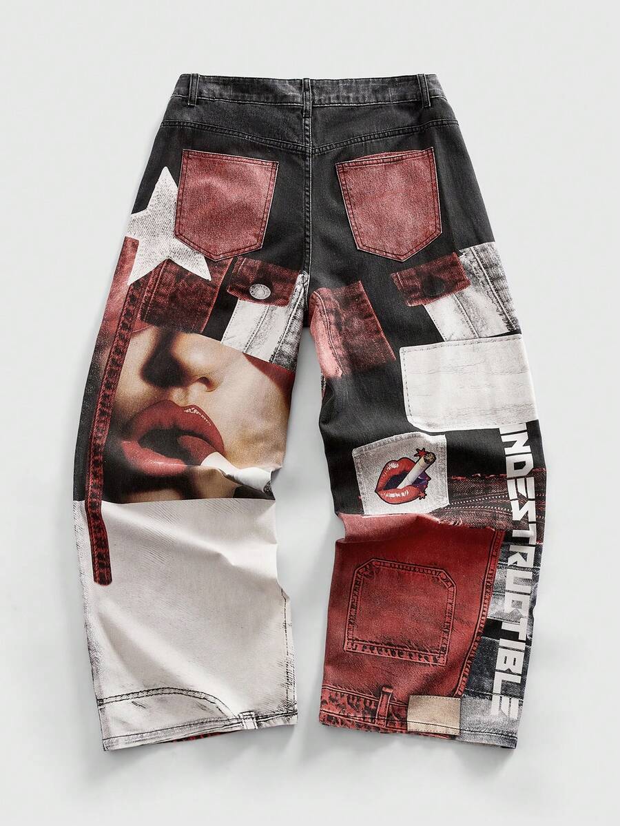 Men's Straight Digital Lip Print Casual Jeans