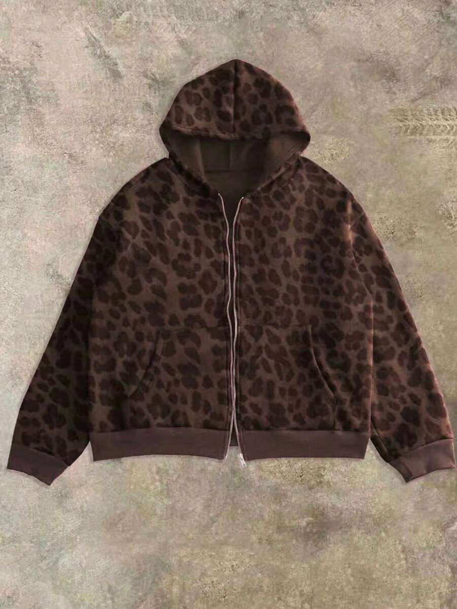 Leopard Print Casual Loose Fit Zip-Up Hoodie