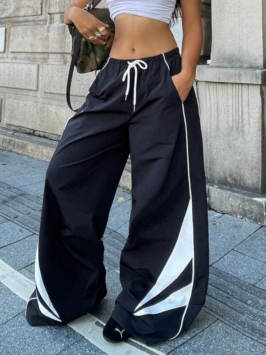 Women's Streetwear Color-Blocked Parachute Pants