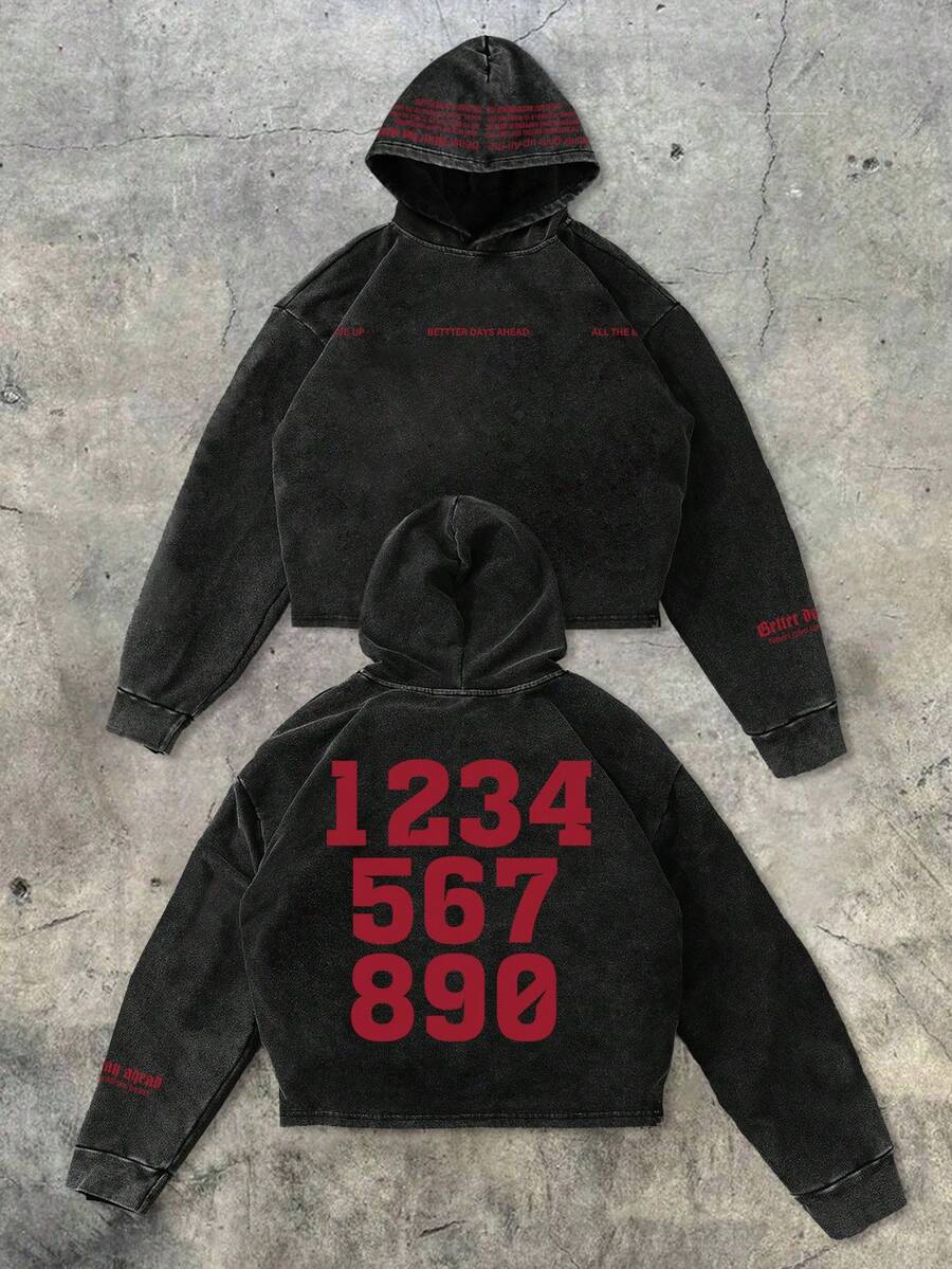 Retro Numeric Print Loose Fit Hoodie