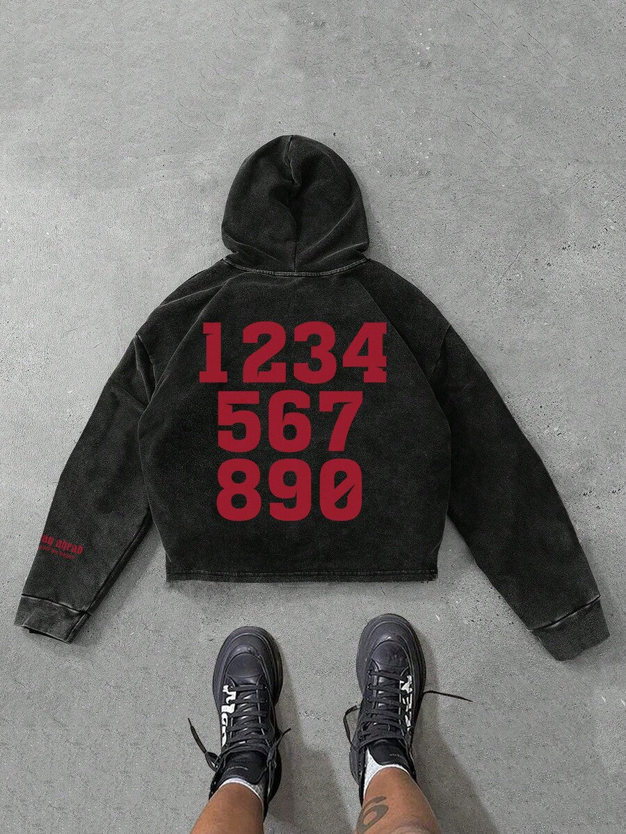 Retro Numeric Print Loose Fit Hoodie