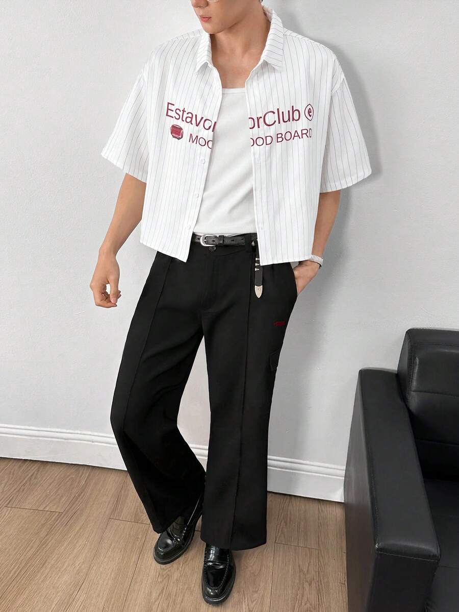Men's Striped Print Fold Pleated Business Casual Dress Pants