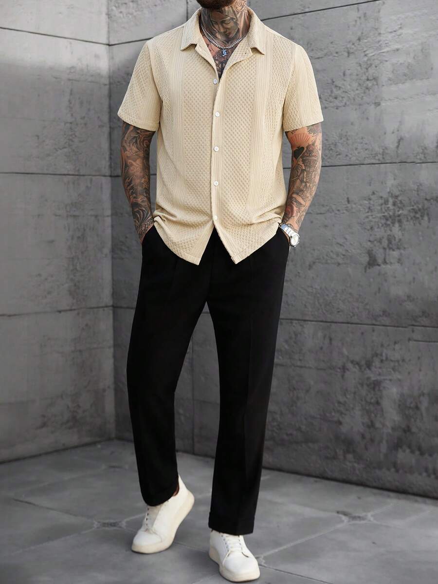 Men's Solid Color Jacquard Knit Short Sleeve Shirt
