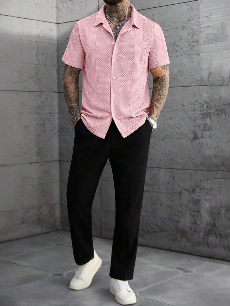 Men's Solid Color Jacquard Knit Short Sleeve Shirt