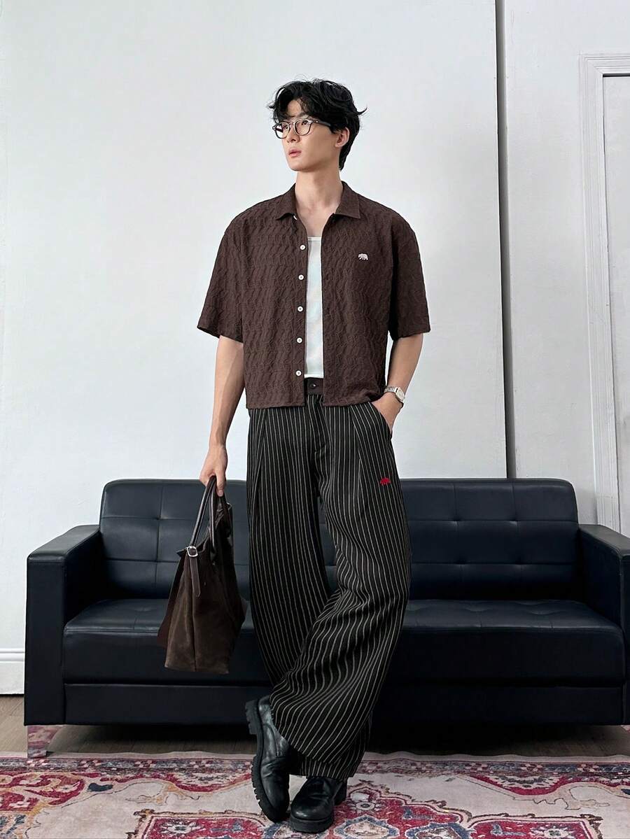 Men's Striped Print Fold Pleated Business Casual Dress Pants