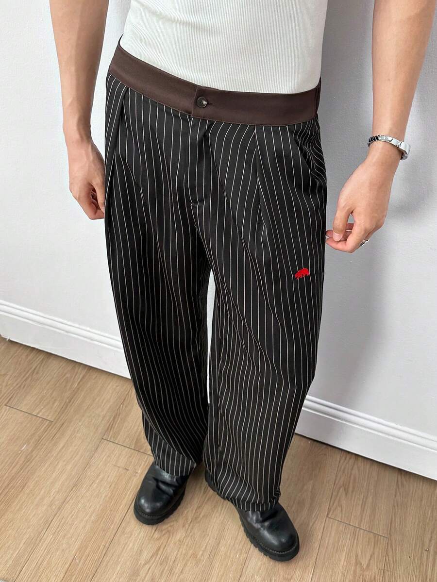 Men's Striped Print Fold Pleated Business Casual Dress Pants