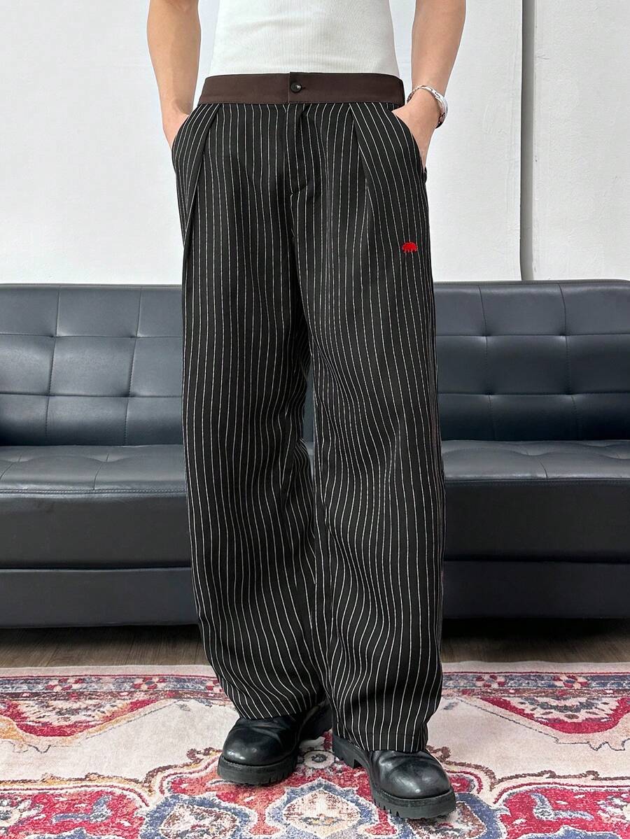 Men's Striped Print Fold Pleated Business Casual Dress Pants