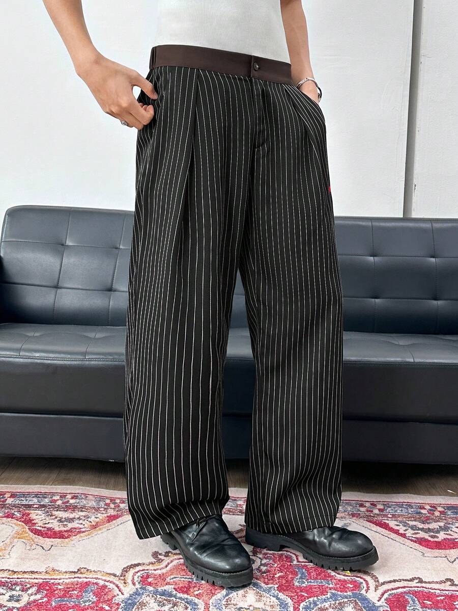 Men's Striped Print Fold Pleated Business Casual Dress Pants