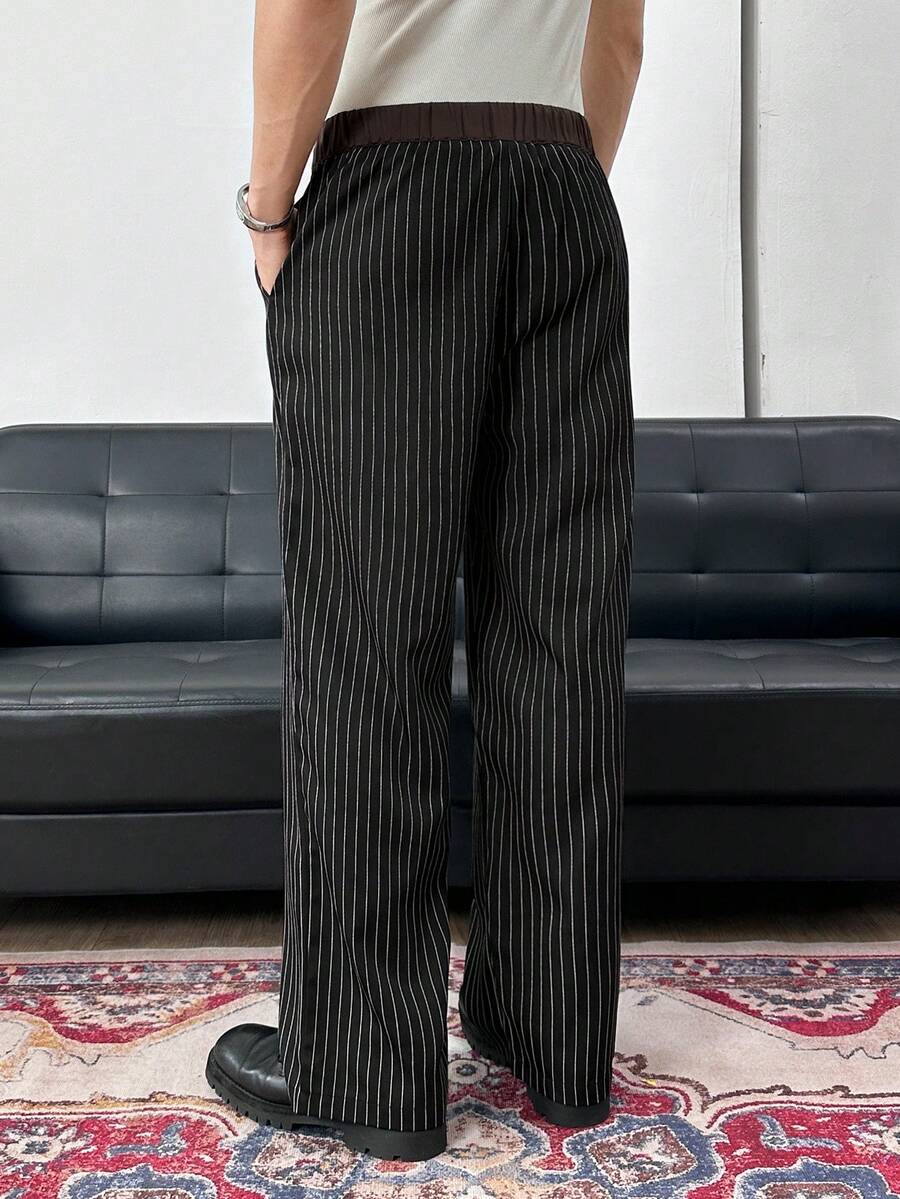 Men's Striped Print Fold Pleated Business Casual Dress Pants
