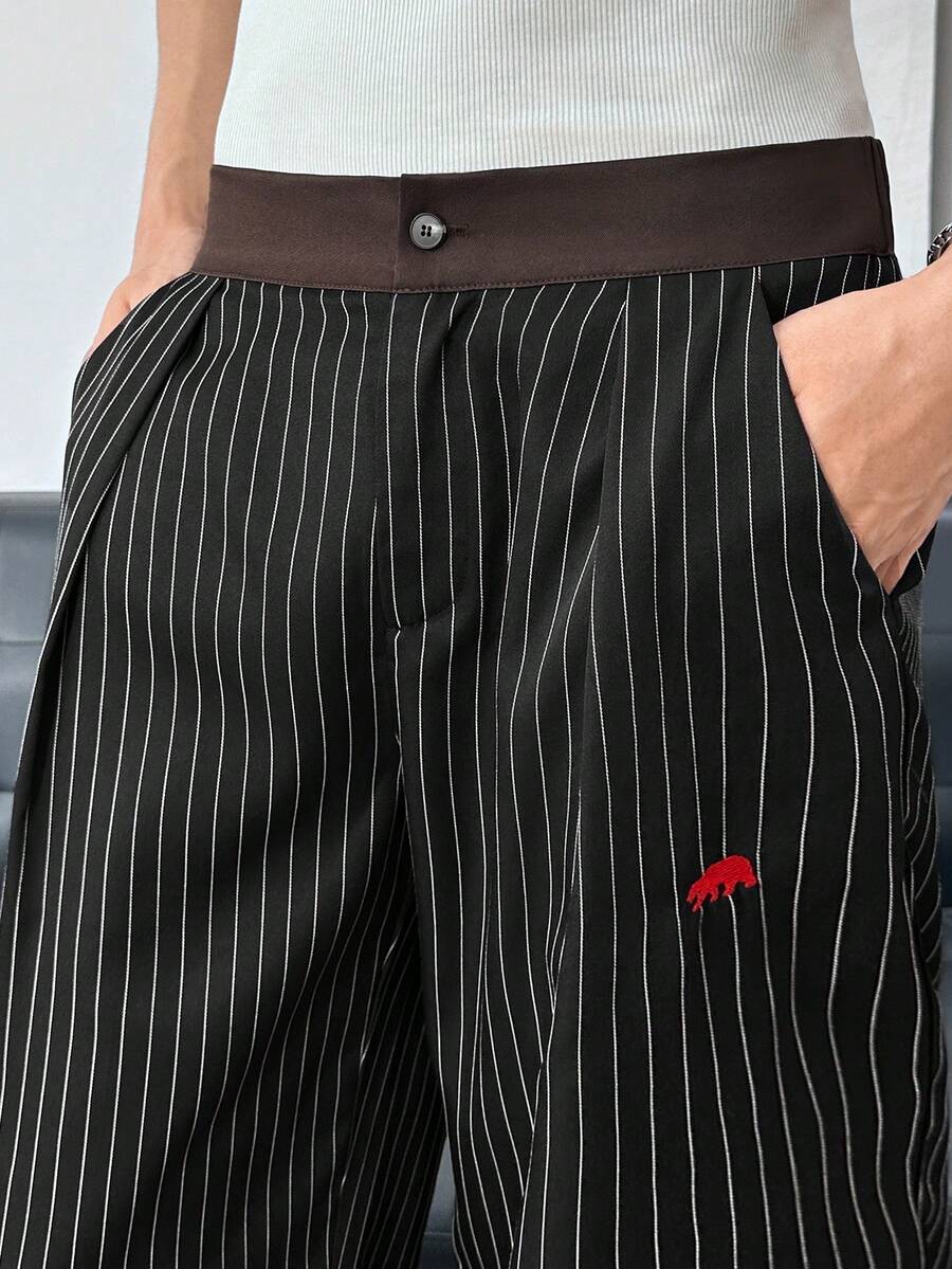 Men's Striped Print Fold Pleated Business Casual Dress Pants