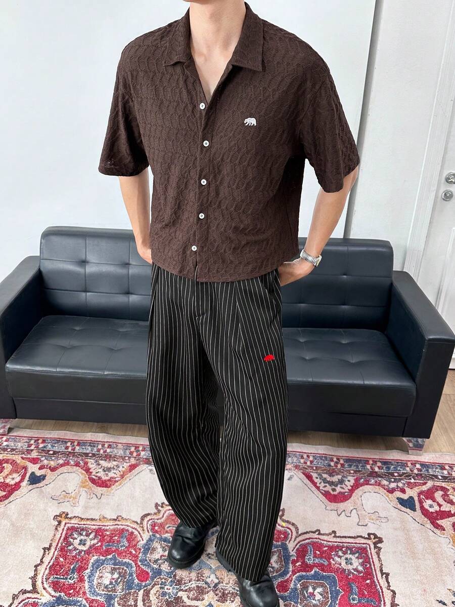 Men's Striped Print Fold Pleated Business Casual Dress Pants