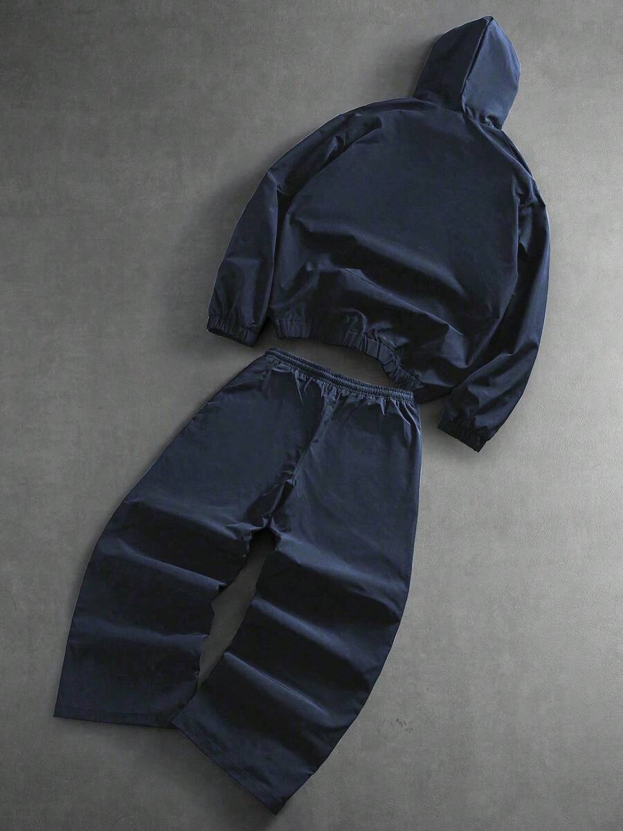Men's Letter Print Hooded Zip-Up Jacket And Contrast Trim Pants 2Piece Set