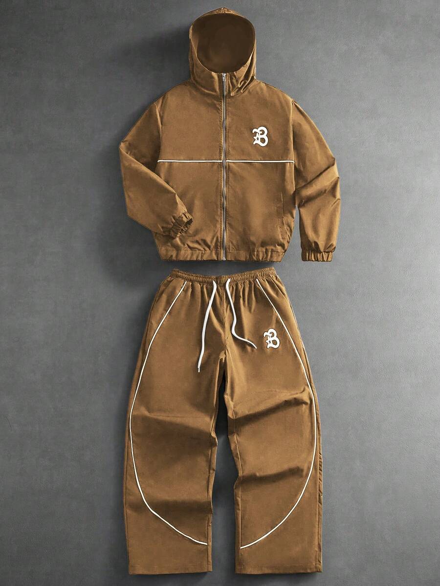Men's Letter Print Hooded Zip-Up Jacket And Contrast Trim Pants 2Piece Set