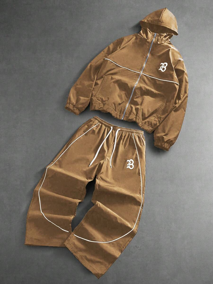 Men's Letter Print Hooded Zip-Up Jacket And Contrast Trim Pants 2Piece Set