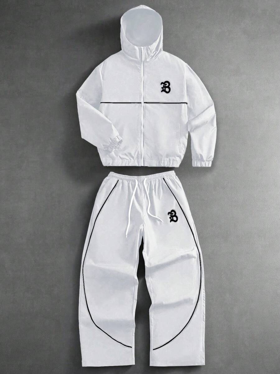 Men's Letter Print Hooded Zip-Up Jacket And Contrast Trim Pants 2Piece Set