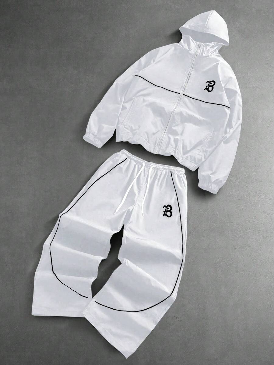 Men's Letter Print Hooded Zip-Up Jacket And Contrast Trim Pants 2Piece Set