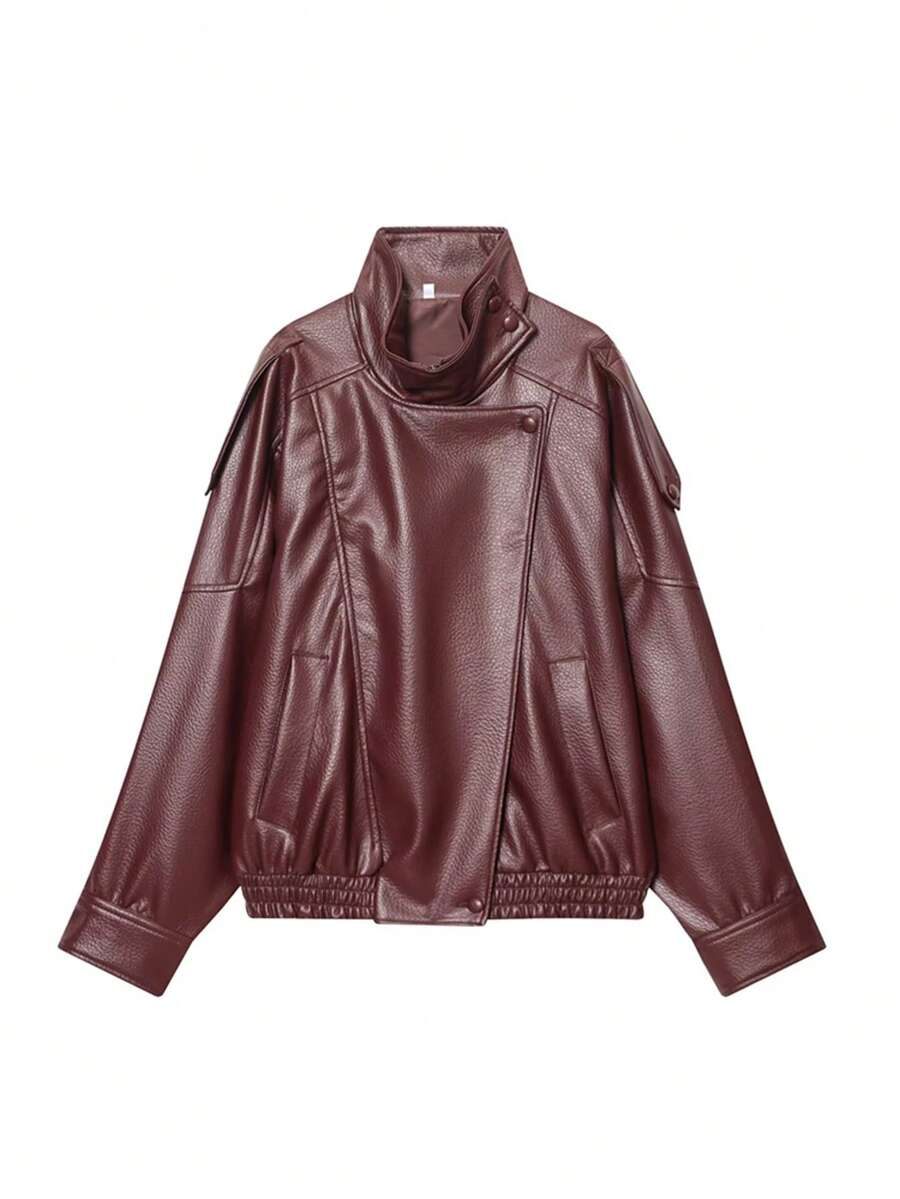 Women's Stand Collar PU Leather Jacket,