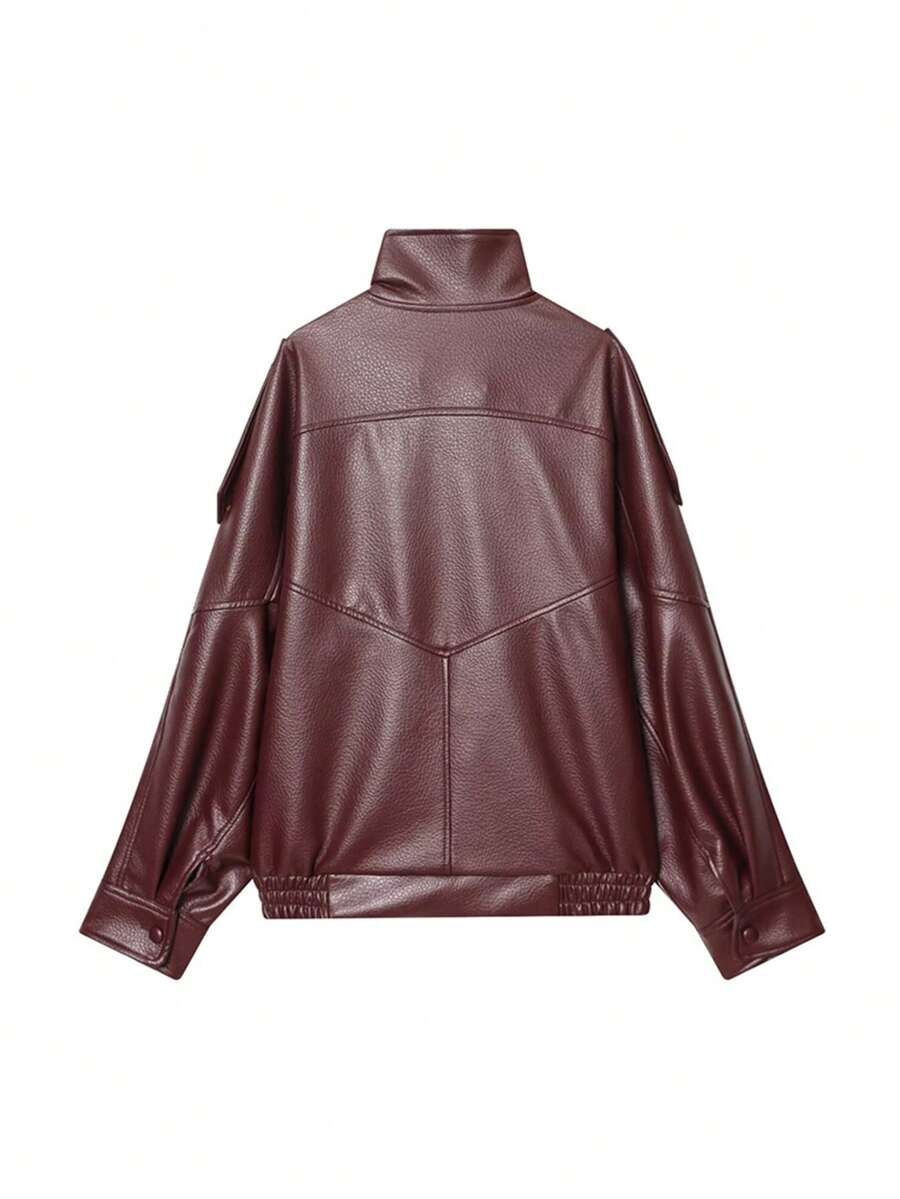 Women's Stand Collar PU Leather Jacket,