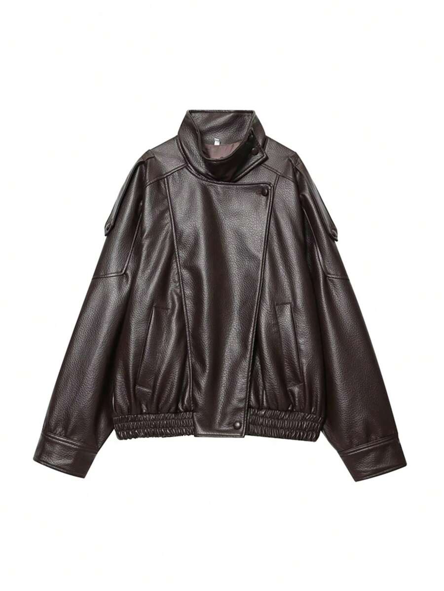 Women's Stand Collar PU Leather Jacket,