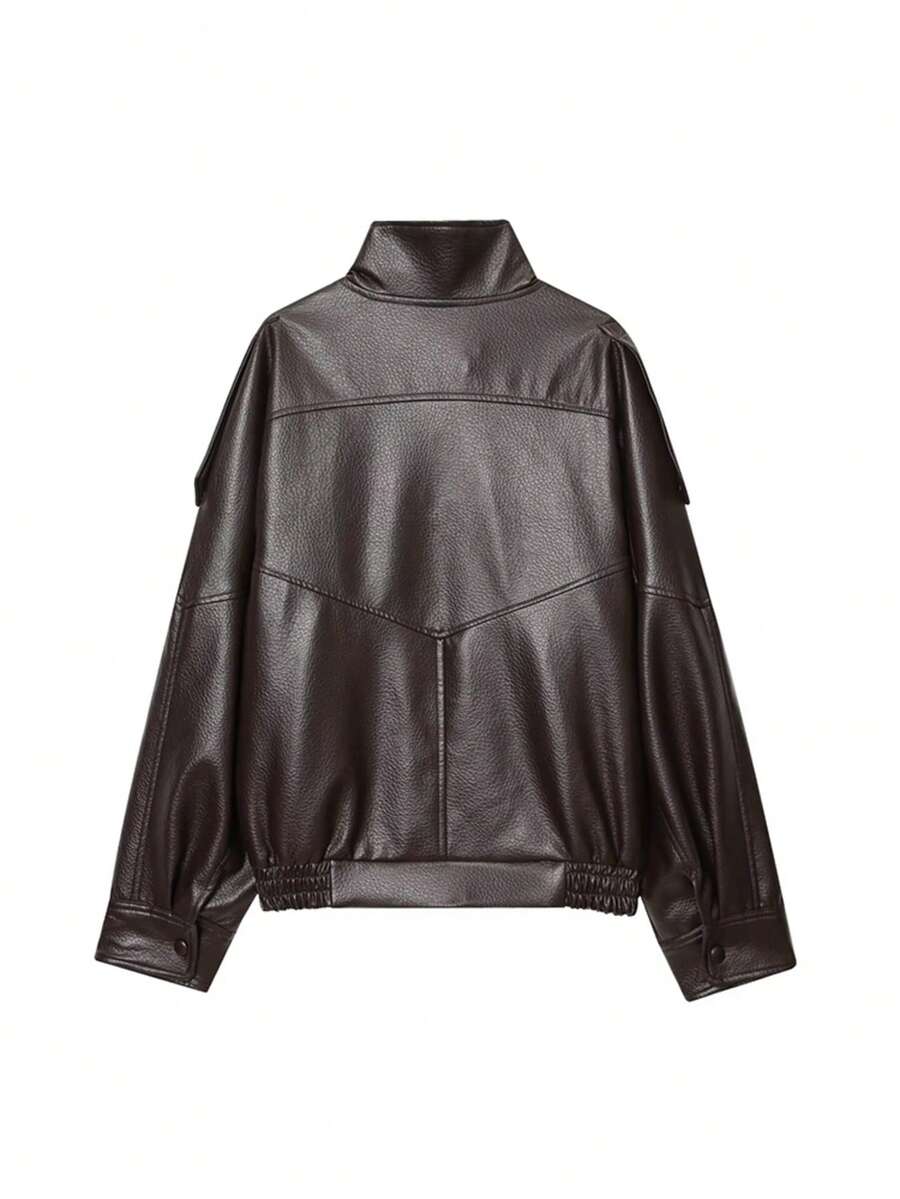 Women's Stand Collar PU Leather Jacket,