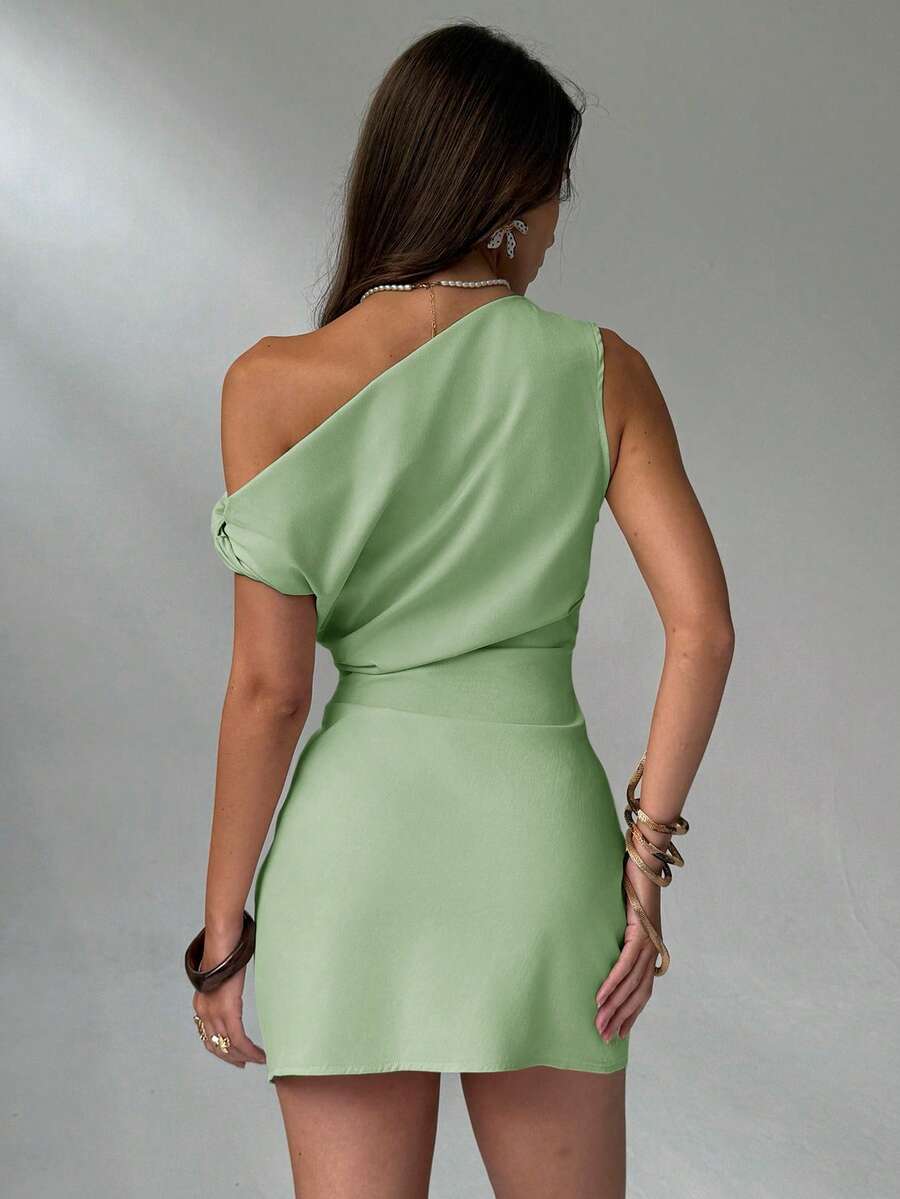 Asymmetrical-Shoulder Design Pleated Waist Bodycon Dress