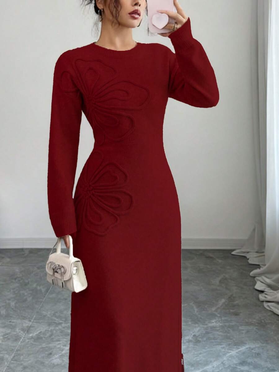 Women's Floral Print Long Sleeve Knitted Sweater Dress