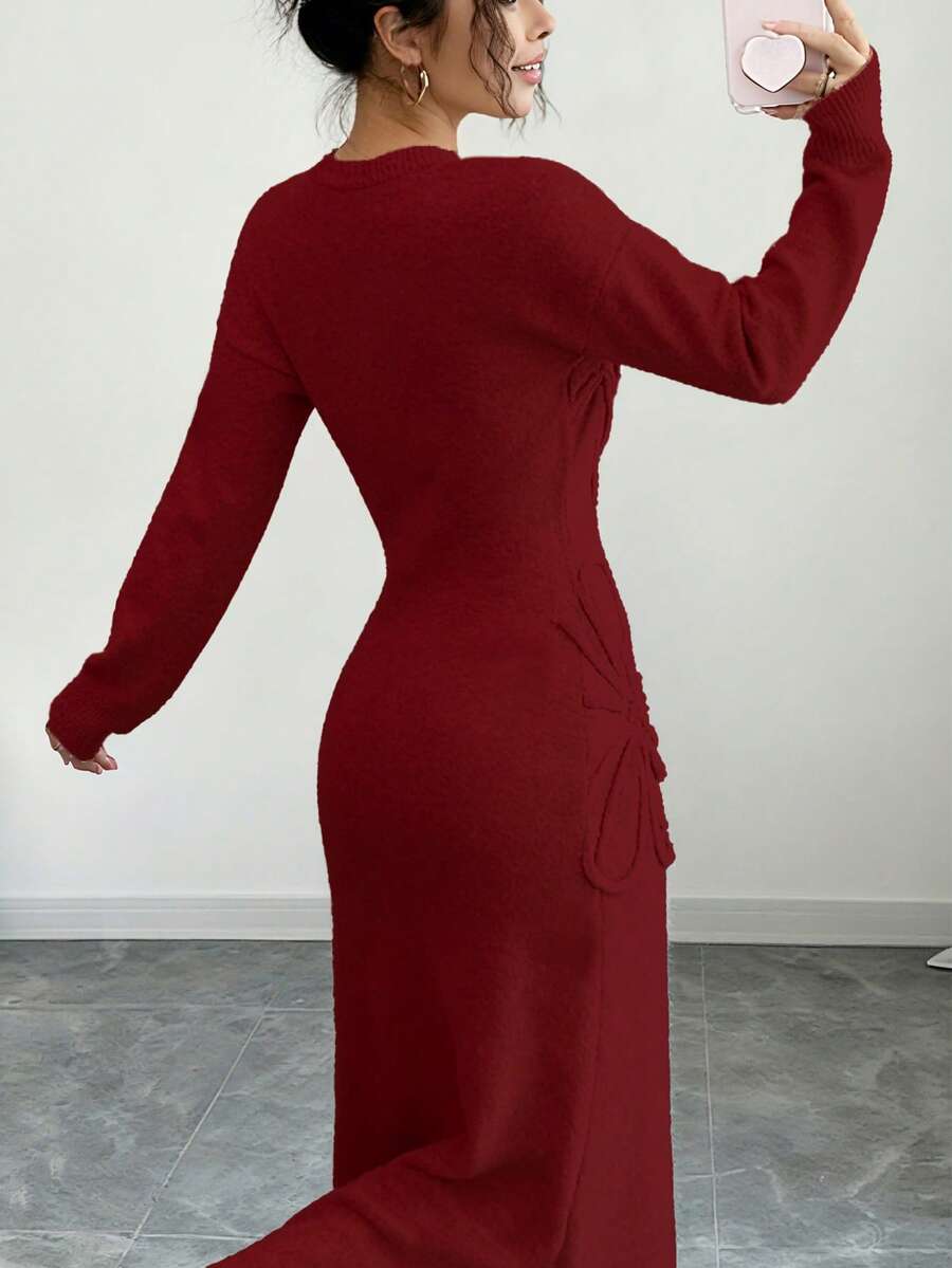 Women's Floral Print Long Sleeve Knitted Sweater Dress