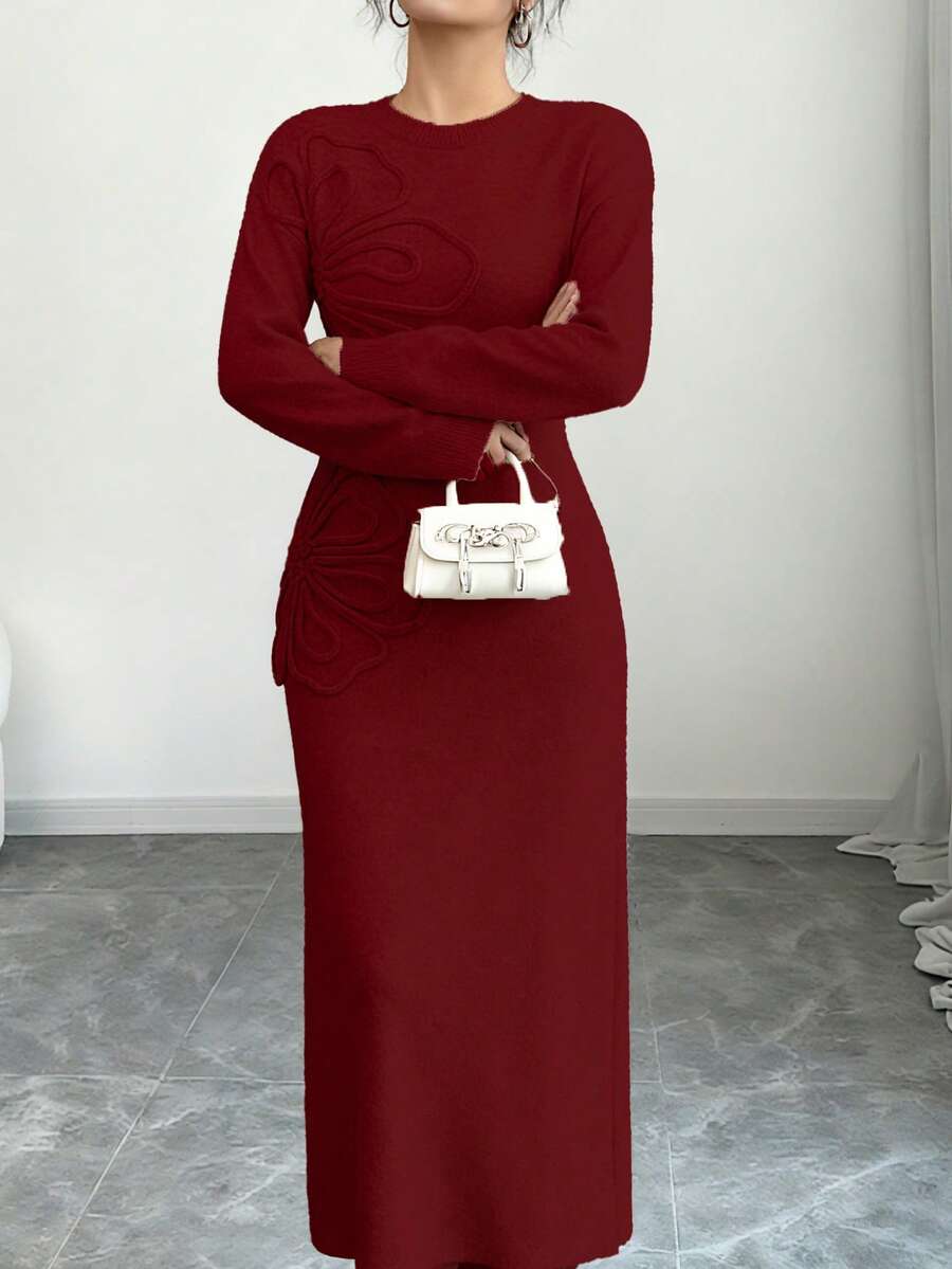 Women's Floral Print Long Sleeve Knitted Sweater Dress