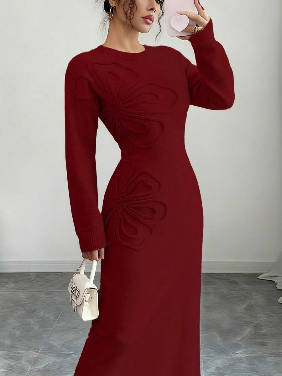 Women's Floral Print Long Sleeve Knitted Sweater Dress