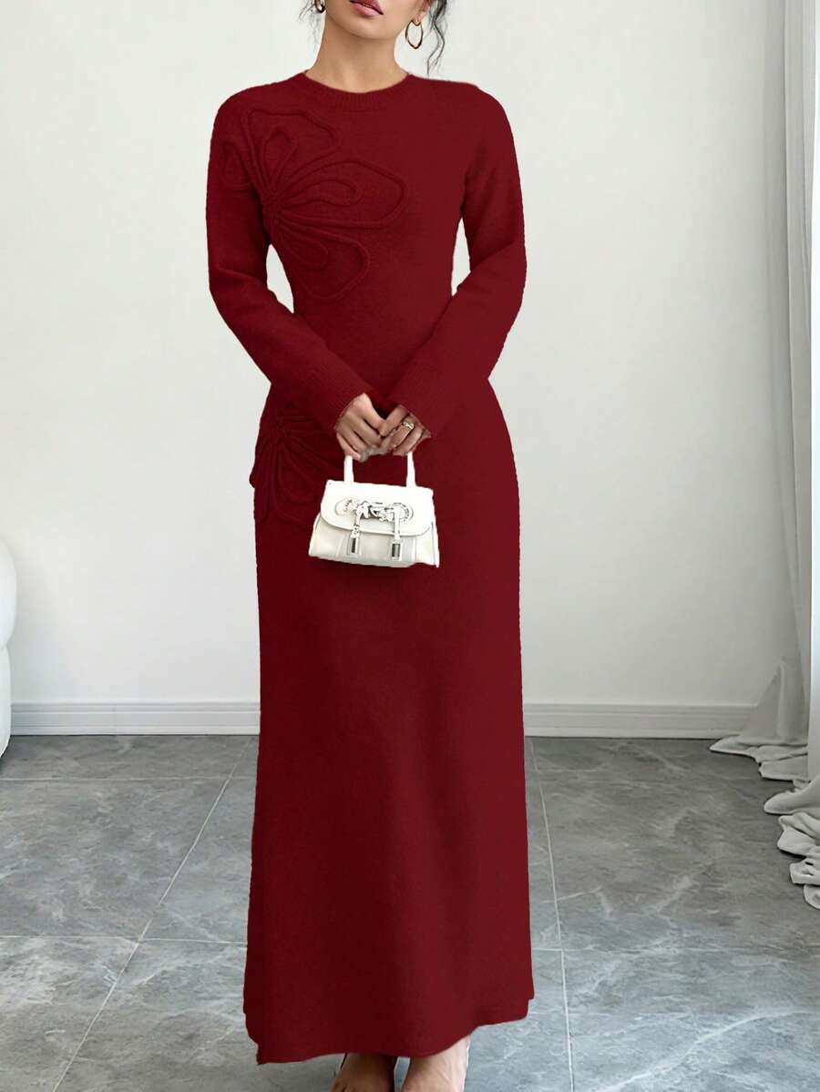 Women's Floral Print Long Sleeve Knitted Sweater Dress