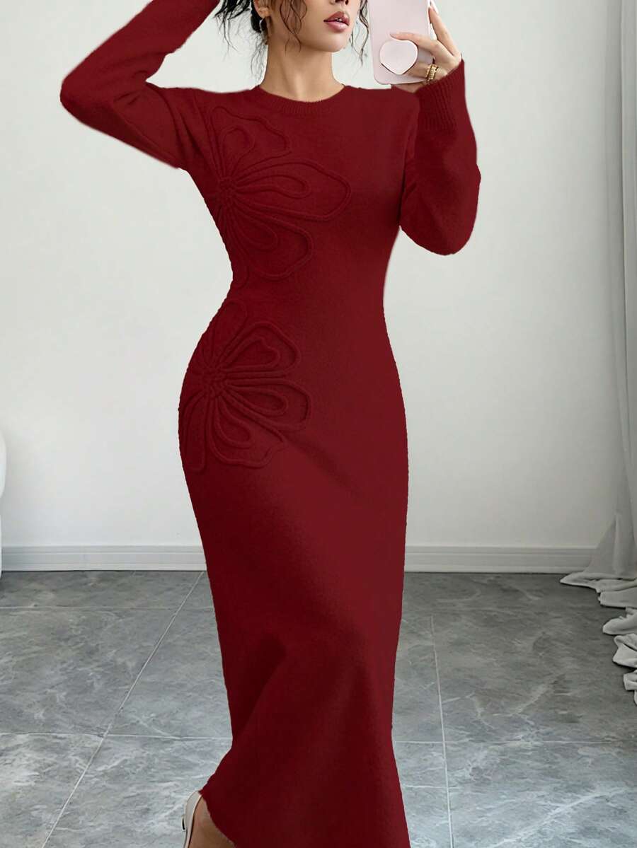 Women's Floral Print Long Sleeve Knitted Sweater Dress