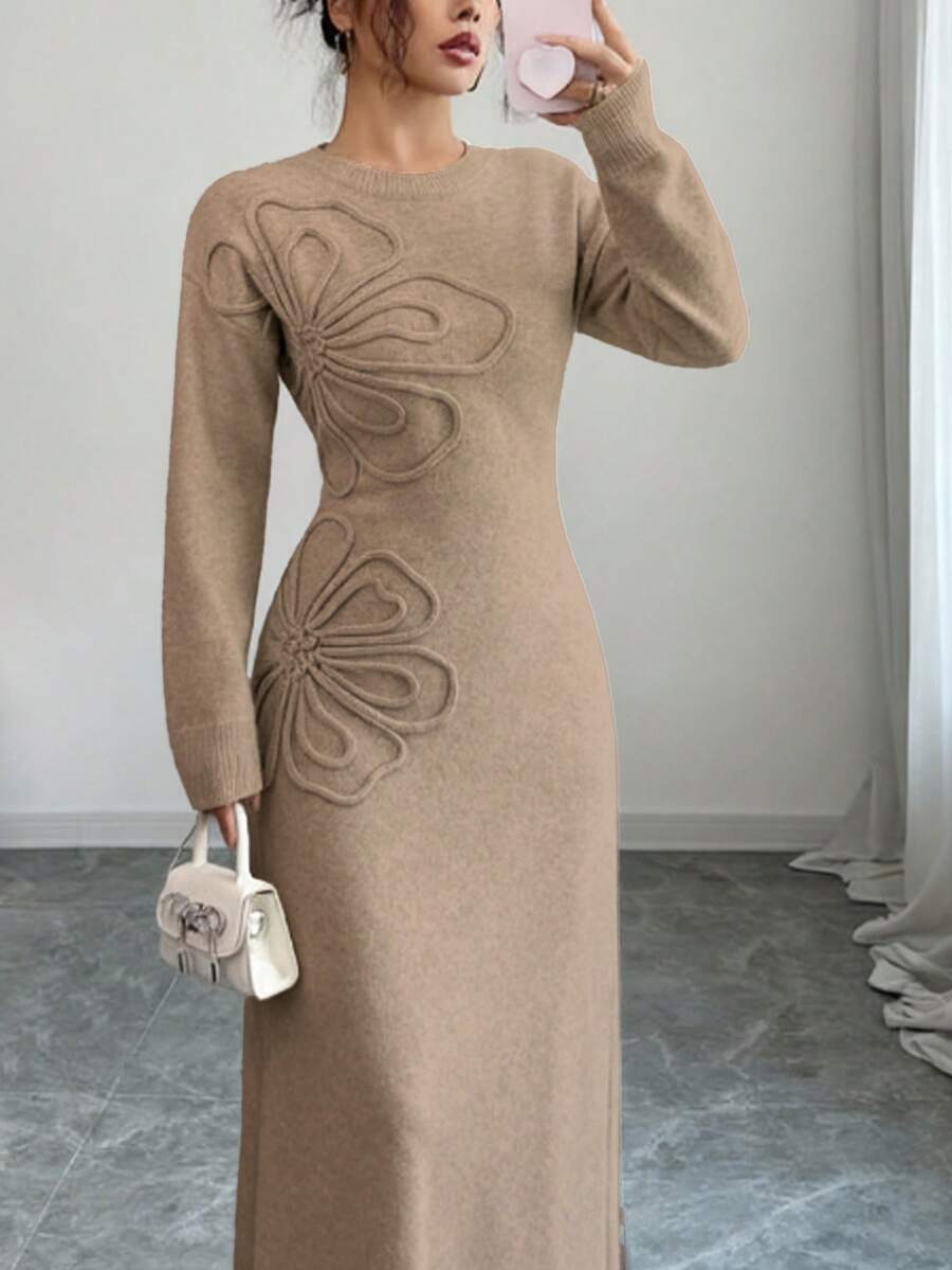 Women's Floral Print Long Sleeve Knitted Sweater Dress