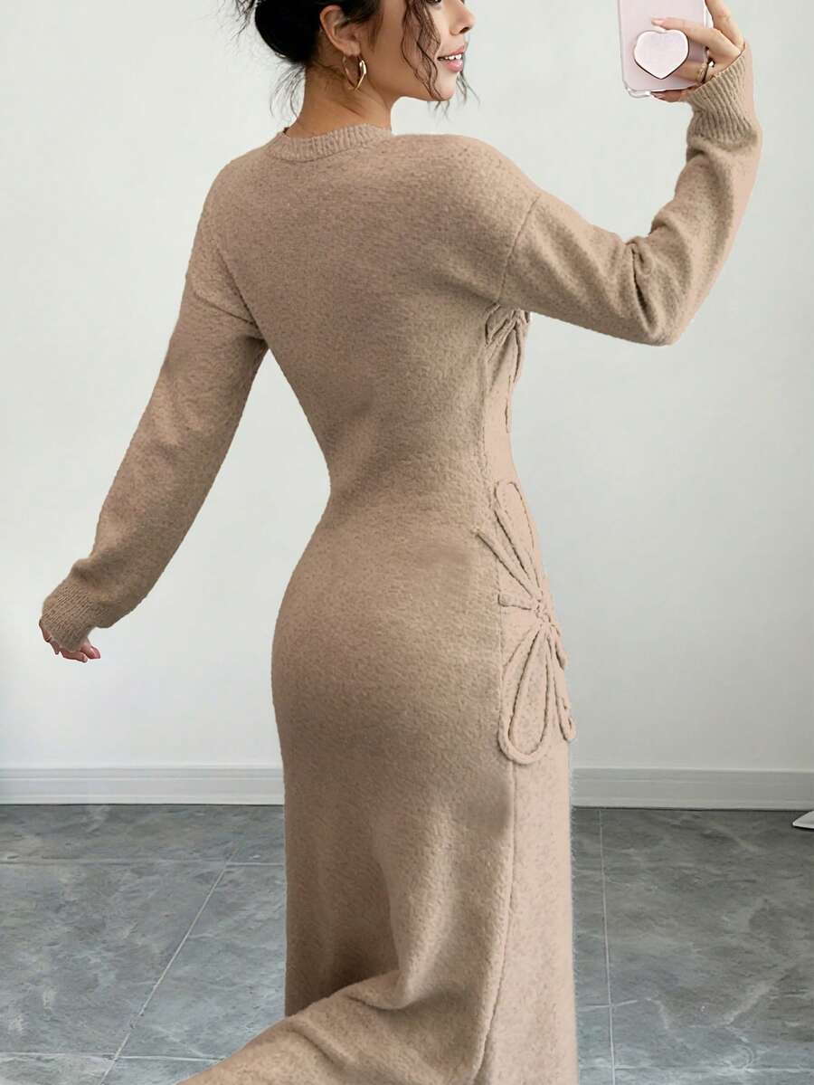 Women's Floral Print Long Sleeve Knitted Sweater Dress