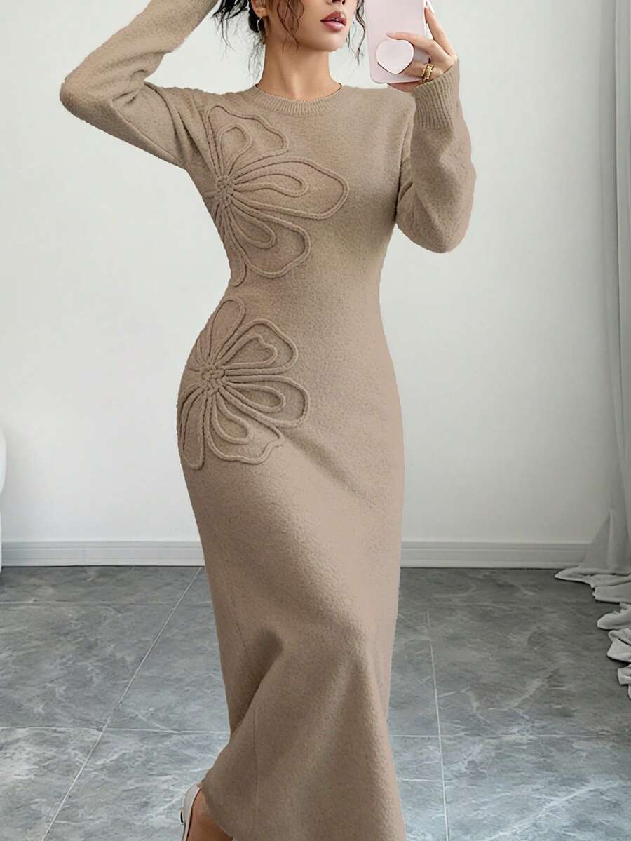 Women's Floral Print Long Sleeve Knitted Sweater Dress